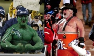 Side-by-side photos of Seattle Seahawks' Seahulk super fan and the Denver Broncos' Barrel Man super fan.