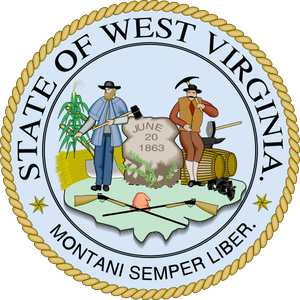 The official state seal of West Virginia. Showing settlers and the phrase "Montani Semper Liber"