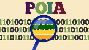 A graphic with the acronym POIA (short for the Public Online Information Act) at the top. Under POIA, a series of 1s and 0s with a magnifying glass hovering over them. 