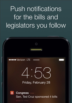 An iPhone showing a new alert from the Sunlight Foundation's Congress app with text above it that says "Push notifications for the bills and legislators you follow."
