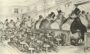 This frequently reproduced cartoon depicts corporate interests as giant money bags looming over the tiny senators at their desks in the Chamber.