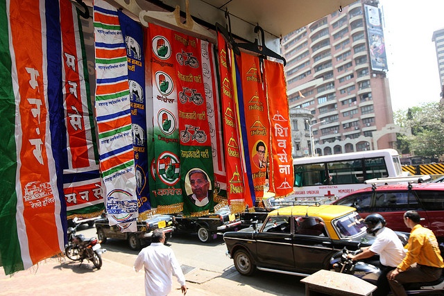 Stoles of different Indian political parties on display in the city of Mumbai on March 10. 