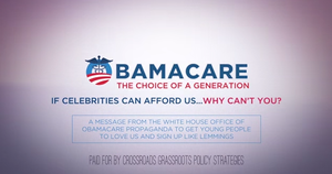 A screenshot from a Crossroads GPS commercial against Obamacare