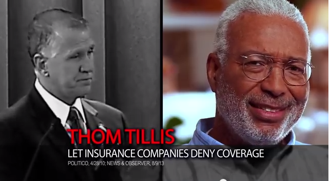 Screenshot from a Senate Majority PAC tv ad which says "Thom Tills let insurance companies deny coverage"