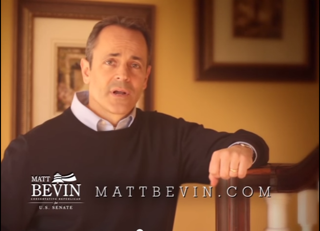 A screenshot from a campaign ad by Matt Bevin for Senate, showing the candidate at his home