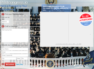A screenshot of PostCongress.io, the site to send real postcards to your member of Congress using the Sunlight Foundation's Congress API.