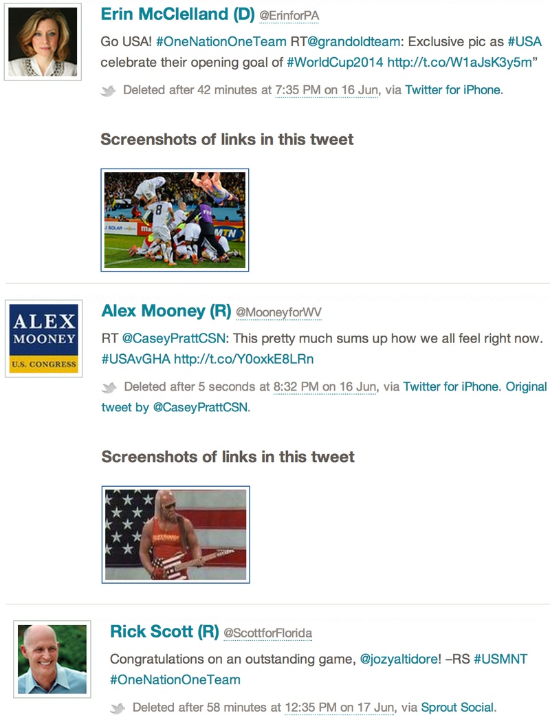 A series of deleted tweets archived by Politwoops of politicians reacting to the USA's win over Ghana in the World Cup.
