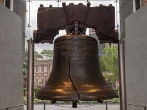 Close up photo of the Liberty Bell with crack clearly visible