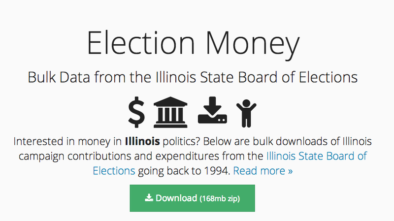 Graphic of page linking to Election Money site, providing campaign finance downloads from the Illinois State Board of Elections