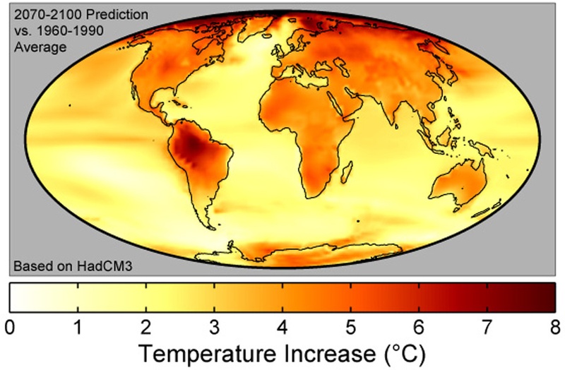 Image of globe with yellow and orange hues indicating predicted temperature rises 2070-2100