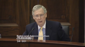 Senate Minority leader Mitch McConnell, a Republican from Kentucky, reading a statement before the Senate Rules Committee on the DISCLOSE Act