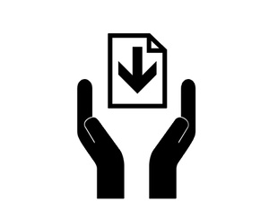 Black and white graphic of two hands reaching for a document with an arrow on it.