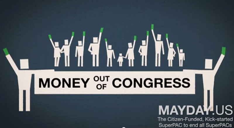 Screen shot of a May Day PAC commercial showing voters holding a sign that says "Money Out of Congree"