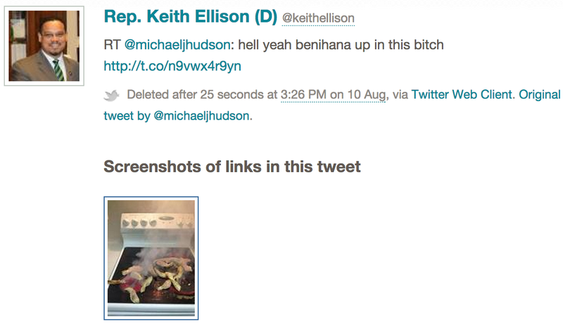 A deleted retweet from the official account of Rep. Keith Ellison, D-Minn., that was caught by Politwoops.