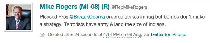 A deleted tweet caught by Politwoops from the official account of Rep. Mike Rogers, R-Mich.