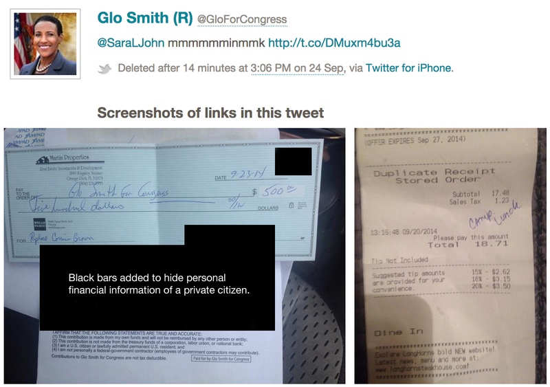 A deleted tweet from Glo Smith, a Republican candidate in Florida's 5th district, with a donation check and restaurant receipt image attached.