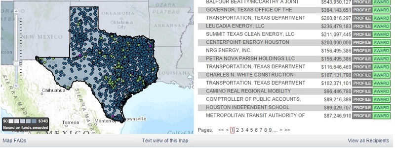 Visualization tool on Recovery.gov as of 9/26/2014, showing information for the state of Texas which includes recipient information.
