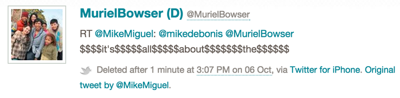 A deleted retweet from the campaign account of Muriel Bowser that was archived by the Sunlight Foundation's Politwoops project.
