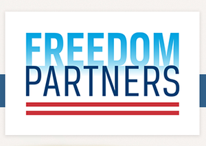 Logo of Freedom Partners. Freedom is light blue and Partners dark blue with two red underlines