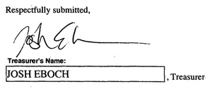 Excerpt from a letter sent to the Federal Election Commission showing Josh Eboch's name and signature next to the words "Treasurer's name"