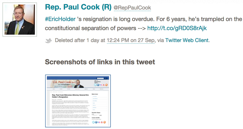 A deleted tweet from Rep. Paul Cook, R-Calif., about the resignation of Attorney General Eric Holder that links to a press release that was also deleted.