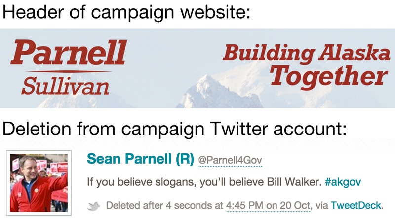 The header of Gov. Sean Parnell, R-Alaska, campaign website with a slogan above a deleted tweet saying 'if you believe slogans, you'll believe Bill Walker' his opponent in the gubernatorial race.
