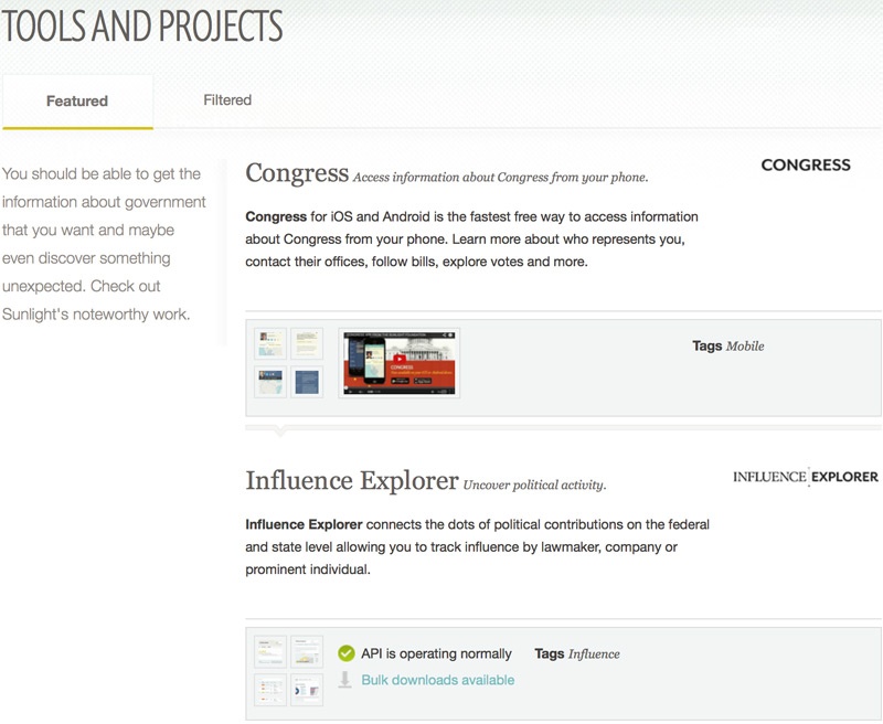A screenshot of the new Sunlight Foundation tools page with new filtering options including retired projects.