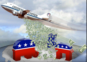 a plane dropping money on symbols of the Democratic and Republican party