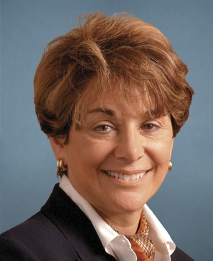 Anna Eshoo, woman with short brown hair and jacket in front of blue background.