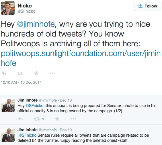 A conversation with Sen. Jim Inhofe, R-Okla., about hundreds of deleted tweets.