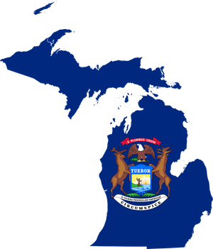 The Michigan flag transposed over an outline of the state.