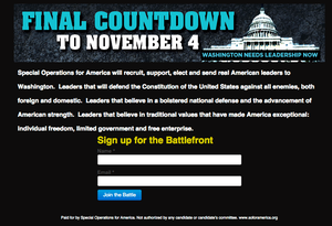 Screen shot "final countdown to Nov. 4" from SOFA PAC website with solicitation to "sign up for the battlefront"