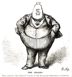 A cartoon of 19th century New York City politician William Tweed, pictured with a bag of money instead of a head and a giant diamond pin. 