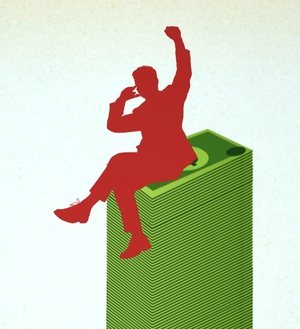 A silhouette of a cheering man sitting on top of a stack of money.