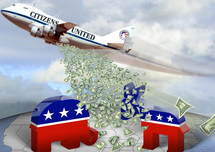 a plane dropping money on symbols of the Democratic and Republican party