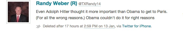 A deleted tweet from Rep. Randy Weber, R-Texas, comparing Obama to Hitler.