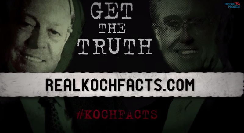 A picture of the Koch brothers with the phrase "GET THE TRUTH" in bold and the url to a website called realkochfacts.com