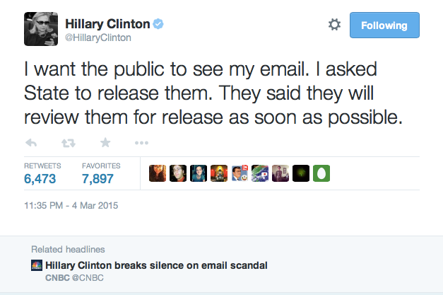 Tweet that Hillary Clinton sent Wednesday night, March 4, saying she wants State to release her emails.