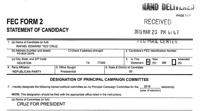 Top portion of the document that Republican presidential hopeful Ted Cruz filed with the Federal Election Commission after announcing his candidacy.