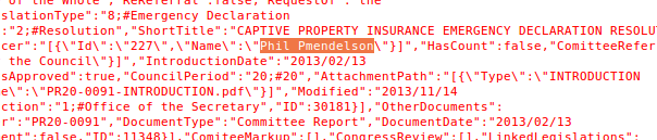 Screenshot of API output showing Phil Mendelson's last name misspelled as Pmendelson
