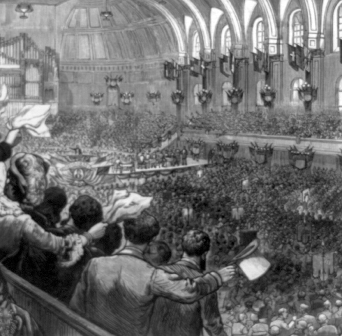 An illustration from 1880 of the opening of the presidential campaign.