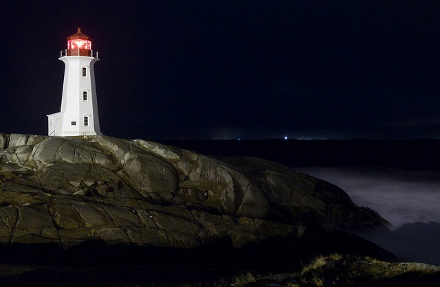 A lighthouse watches over dark water at night.
