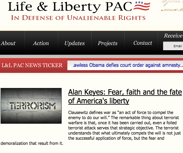 Website showing Life and Liberty logo, article by Alan Keyes
