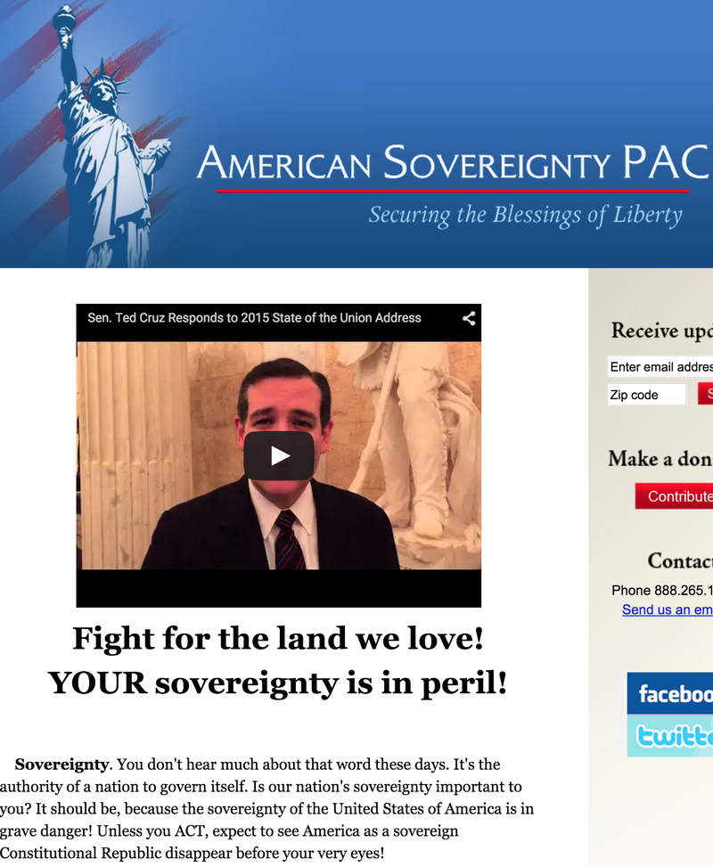 Website of American Sovereignty PAC, showing video of Sen. Ted Cruz