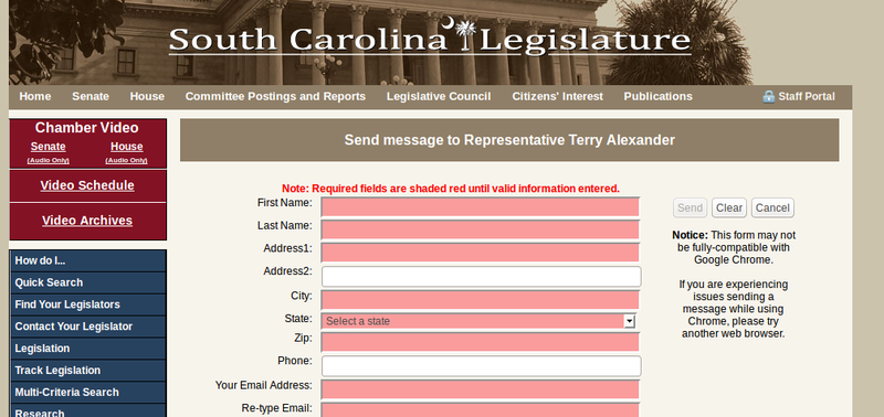 SC state legislature contact form