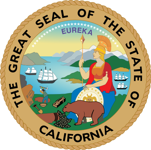 The seal of California, depicting a bear, a gold miner, the Pacific Ocean and more.