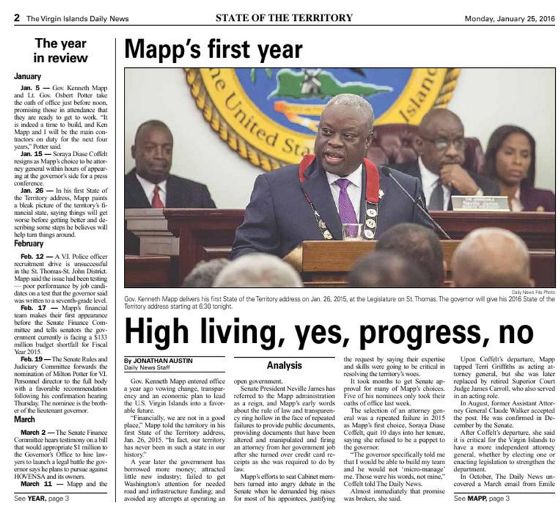 A screenshot of a Virgin Islands Daily News on Gov. Kenneth Mapp