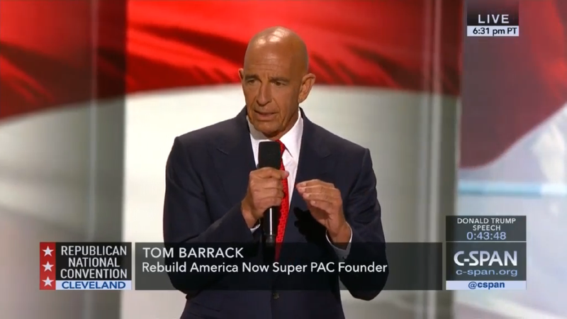 Tom Barrack standing on stand at the RNC, speaking.
