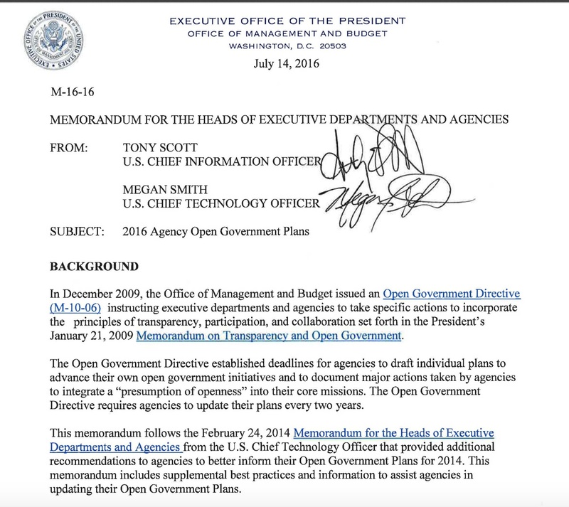 A computer document of the 2016 White House memorandum on open government plans.