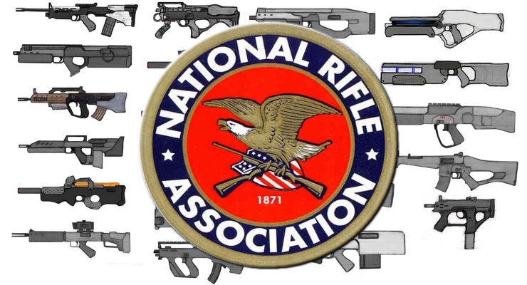 The National Rifle Association logo in front of drawings of small firearms.